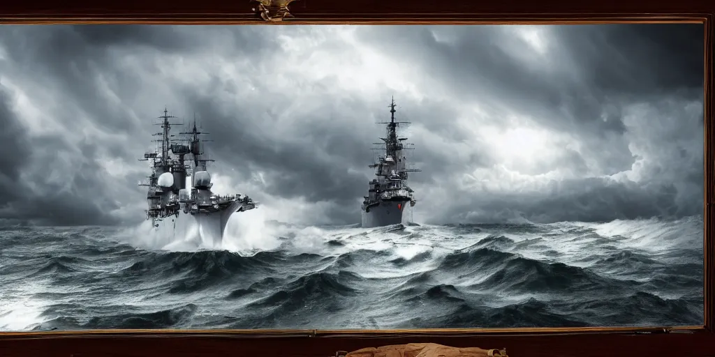 Image similar to british naval battleship sailing through a stormy night, high detail, high definition, photorealistic, 8k