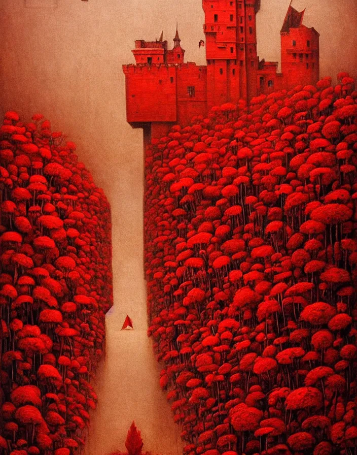 Image similar to only with red, red flowers, a red tiger, a castle in the background, medieval demons, an ancient path, in the style of beksinski, part by hopper, part by rodcenko, part by hofbauer, intricate composition, red by caravaggio, insanely quality, highly detailed, masterpiece, red light, artstation