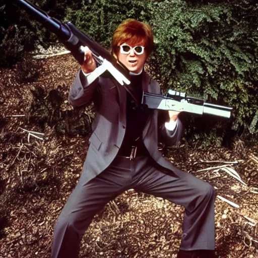 Image similar to austin powers shooting an ak - 4 7, photography, movie,