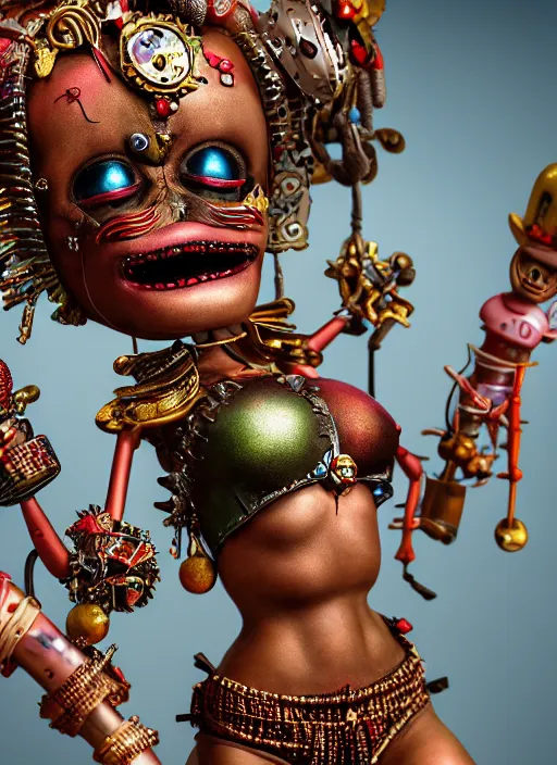 Image similar to highly detailed closeup, portrait of a tin toy voodoo priestess bikini, unreal engine, nicoletta ceccoli, mark ryden, earl norem, lostfish, global illumination, detailed and intricate environment