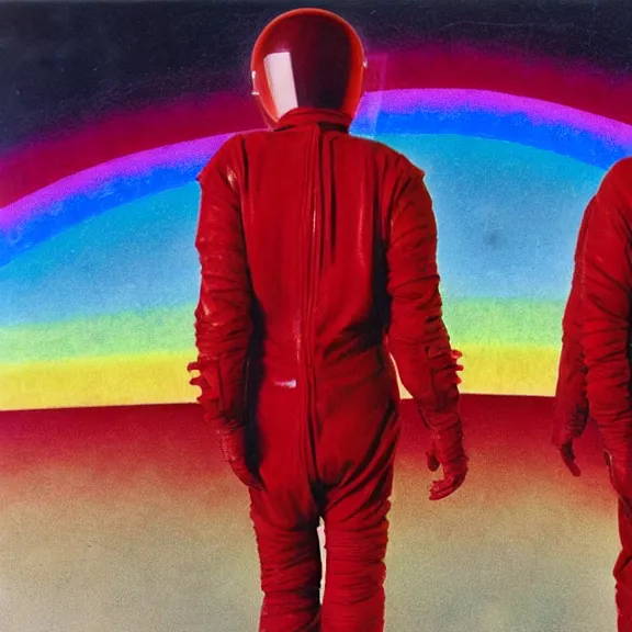 Prompt: two time pilots wearing red rick owens pilot suits inside the glowing geometric rainbow fractal vortex by frank frazetta
