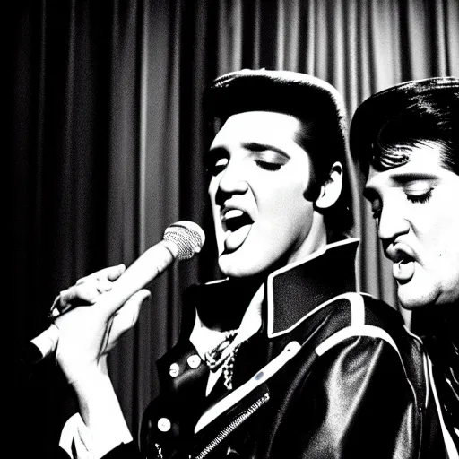 Image similar to elvis presley and snoop dog singing a duet behind a microphone stand, in las vegas, detailed, beautiful, photo, f 1. 8, album cover, photorealistic