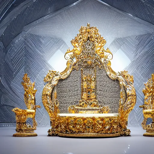 Image similar to shining majestic throne made of millions of diamonds, gold and zaphires with thousands of light reflections