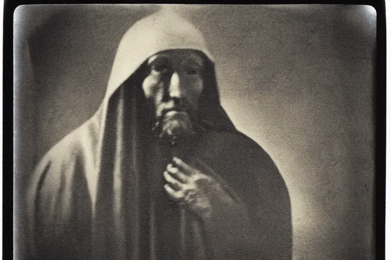 Image similar to dark old polaroid of an medieval religious leader, with a weird religious symbol, wide angle