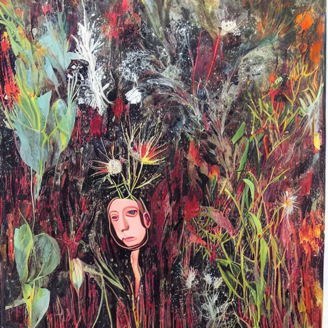 Image similar to “ a portrait in a female art student ’ s apartment, australian wildflowers, sensual, queer woman, flax, flannel flower, bottlebrush, eucalyptus, charred, bushfire, new leaves, art supplies, a candle dripping white wax, aboriginal art, berry juice drips, acrylic and spray paint and oilstick on canvas, surrealism, neoexpressionism ”