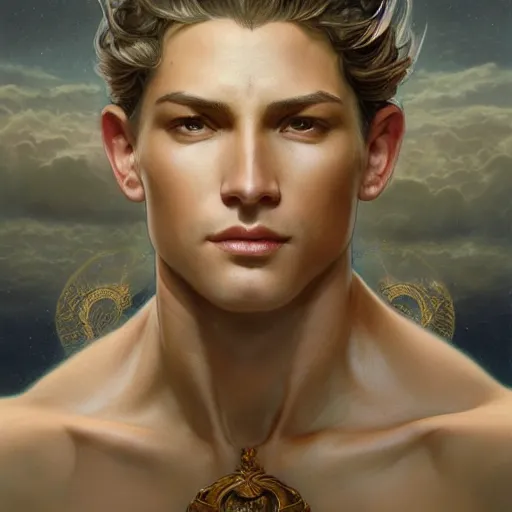 Image similar to portrait of a heavenly god, male, masculine, celestial, full body, muscular, fantasy, intricate, elegant, dramatic lighting, highly detailed, digital painting, artstation, concept art, matte, sharp focus, illustration, art by artgerm and greg rutkowski and alphonse mucha