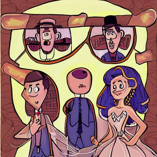 Prompt: beautiful painting, wedding, by gravity falls, by alex hirsch, cartoon, coherent symmetrical faces