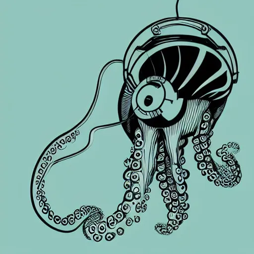 Image similar to cyborg octopus dj in headphones, digital art, minimalism