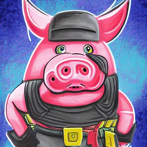 Prompt: hambo pig version of rambo, colourful digital painting drawn by RossDraws - W 1024