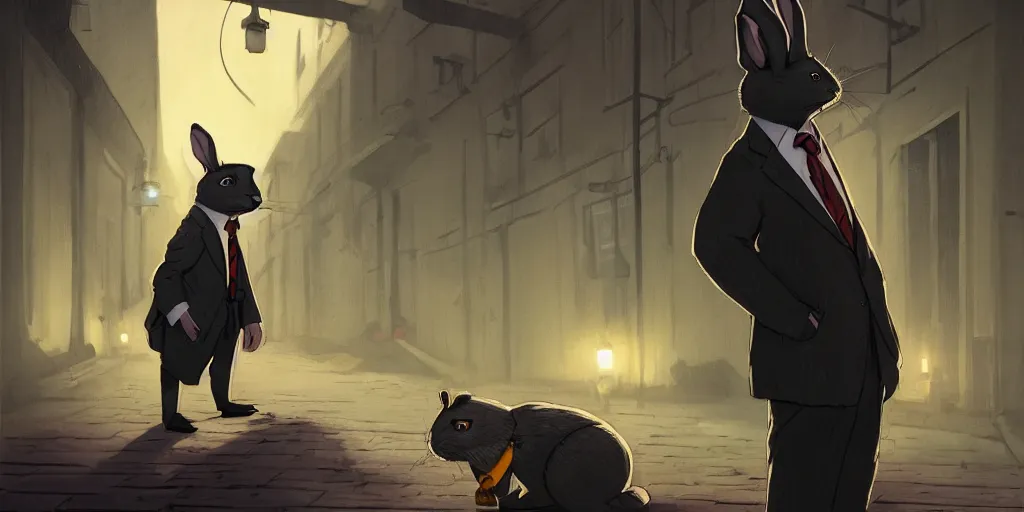 Image similar to rabbit wearing a tie is talking to a well dressed raccoon in a dark alley, warm color palette, night time, dramatic lighting, noir film, character sheet, fine details, high contrast, blacksad, kim jung gi, greg rutkowski, trending on artstation, 8 k, front view, back view, ultra wide angle