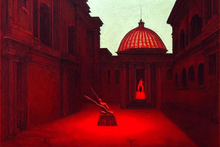 Image similar to only with red, caesar after war, a red tiger, in hoc signo vinces, rome in background, an ancient path, in the style of beksinski, part by hopper, part by rodcenko, part by hofbauer, intricate composition, red by caravaggio, insanely quality, highly detailed, masterpiece, red light, artstation