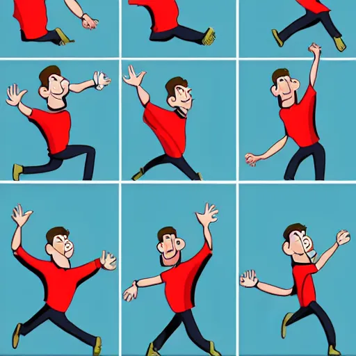 Image similar to a sequence of frames of a cartoon man waving his arm from left to right, separated into equally sized frames from a flip - book animation