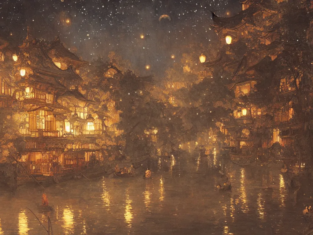 Prompt: antique photo view from the river of a beautiful painting of the lantern festival in a an ancient japanese town, at night with a sky full of stars, intricate, elegant, highly detailed, digital painting, artstation, concept art, by krenz cushart and artem demura and alphonse mucha