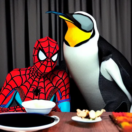 Image similar to photo spider man in a romantic dinner with an emperor penguin