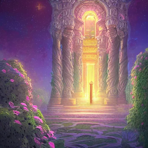 Image similar to beautiful highly detailed digital illustration of a celestial palatial garden with pillars of light towering above. by Andreas Rocha, colorful nebula in the night sky, stars, flowers and vines and creepers, establishing shot, cinematic, architecture, artstation HQ, HD, 8k resolution, featured in art magazine