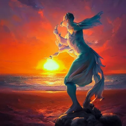 Image similar to colorful peter mohrbacher and andreas rocha impasto!! acrylic painting of a marble statue of a warrior on the shore of a beach with a spectacular sunset overhead. trending on artstation