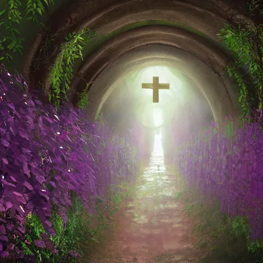 Prompt: a christian cross as the light at the end of the tunnel, purple and pink undertones, with a few vines and overgrowth, studio ghibli, cinematic, realistic painting, high definition, digital art, symmetrical, very detailed, extremely high detail, photo realistic, concept art, unreal engine 5,