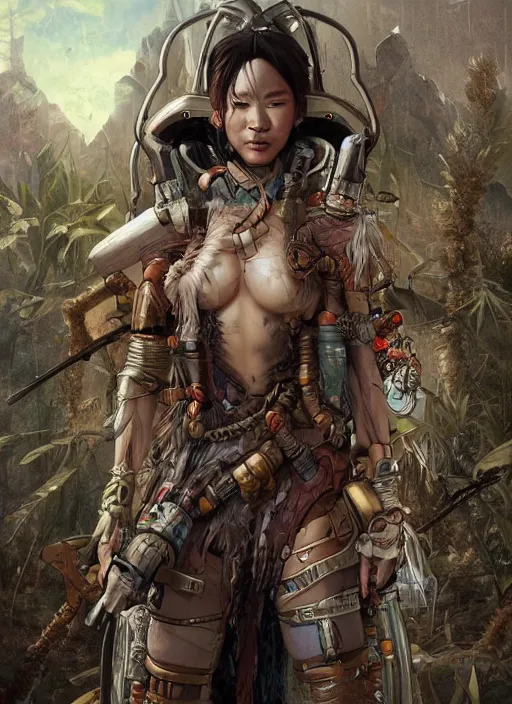 Image similar to hyper realistic photography portrait of postapocalyptic cyberpunk asian cyborg tribal warrior amazon cinematic, brom, mucha, moebius juan gimenez coachella cgsociety