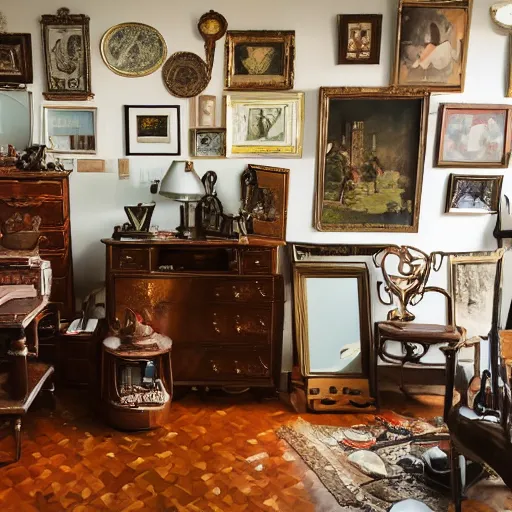 Image similar to ultra-wide shot cluttered room with antiques