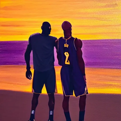 Image similar to lebron james and kobe bryant at the beach, golden hour, majestic painting, couple sitting facing the sunset, holding hands, 2 3, 2 5