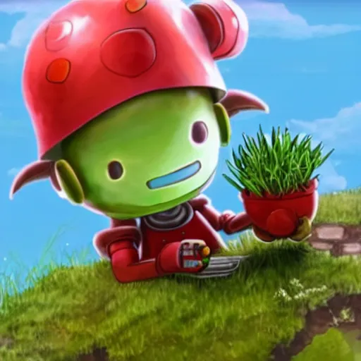 Image similar to cute robot made of plants wearing tomato hat and a chive sword, made in abyss style