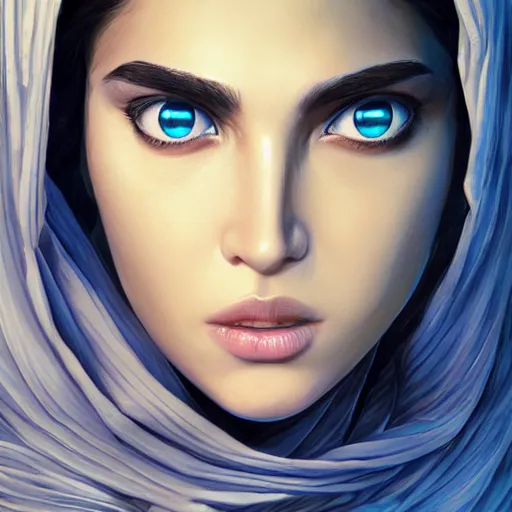 Prompt: greek , ameera al taweel , blue eyes, beautiful face, Hyper-realistic, Highly Detailed, HD, by Brom, by beeple, studio ghibli, wallpaper, highly detailed, trending on artstation