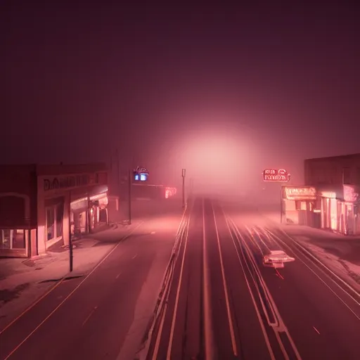 Image similar to A stunningly beautiful award-winning 8K high angle cinematic movie photograph of a foggy intersection in an abandoned 1950s small town at night, by Edward Hopper and David Fincher and Darius Khonji, cinematic lighting, perfect composition, moody low key volumetric light. Color palette from Seven. Shot from above, 3 point perspective, from rooftop