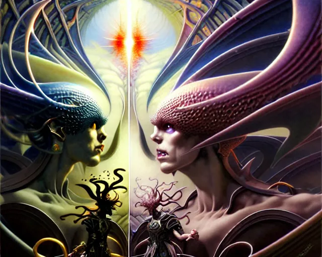 Prompt: the battle between good and evil, fantasy character portrait made of fractals facing each other, ultra realistic, wide angle, intricate details, the fifth element artifacts, highly detailed by peter mohrbacher, hajime sorayama, wayne barlowe, boris vallejo, aaron horkey, gaston bussiere, craig mullins