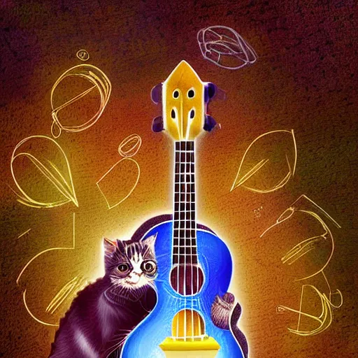 Image similar to variations of Schrodinger's cat playing the ukelele, many-worlds interpretation of quantum reality, digital art,