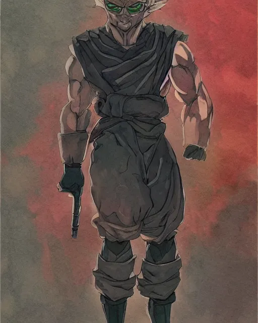 Prompt: a oil / watercolor painting full body character portrait of an old saiyan mercenary in the style of moebius in the style of leonard boyarsky trending on artstation deviantart pinterest detailed photorealistic highlights and shadow hd 8 k post - processing high resolution