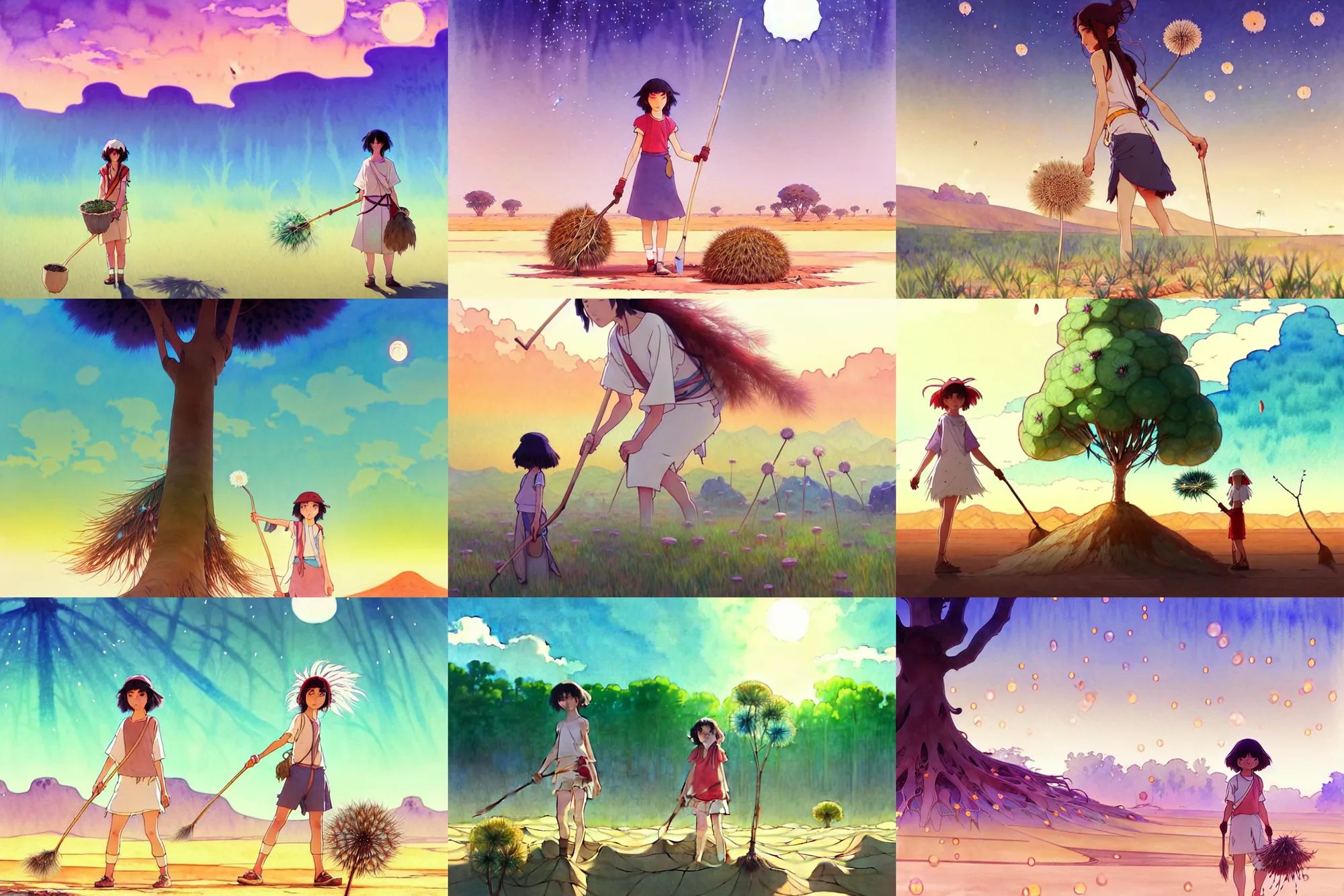 Prompt: a wholesome animation key shot of mononoke planting trees alone in the desert by herself, studio ghibli, pixar and disney animation, sharp, disney concept art watercolor illustration by mandy jurgens and alphonse mucha and alena aenami, pastel color palette, dandelion seeds float, bloom, dramatic lighting