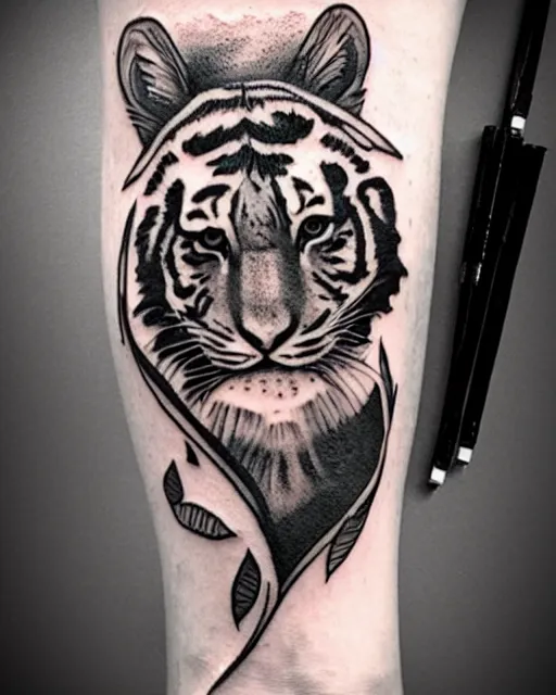 Image similar to tattoo design of a beautiful girl, wearing a tiger head hat, hyper realistic, hyper detailed, in the design of eliot kohek