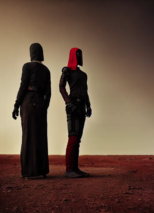 Prompt: cinestill 5 0 d photographic portrait by steve mccurry of two loving female androids wearing rugged black techwear on a desolate plain with a red sky in front of a brutalist structure, extreme closeup, cyberpunk style, dust storm, 8 k, hd, high resolution, 3 5 mm, f / 3 2, ultra realistic faces, ex machina