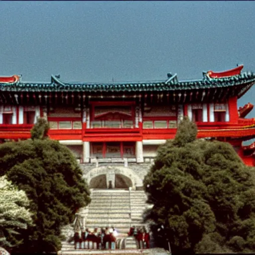 Image similar to Pulgasari the Kaiju Monster, overshadowing a Korean palace, Kodachrome 35mm cinemascope, Kim Jong-il production