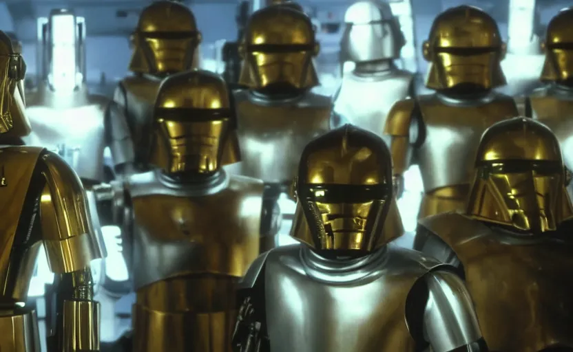 Image similar to screenshot portrait of Luke Skywalker with a fleet of a dozen chrome C-3P0 droids, iconic scene from 1980s film by Stanley Kubrick, 4k, cinematic still frame, surreal sci fi architecture, portrait photoreal, detailed face, moody lighting, stunning cinematography, hyper detailed, sharp, anamorphic lenses, kodak color film stock