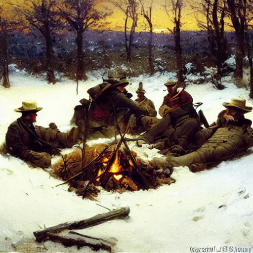 Image similar to civil war soldiers hunkering down in a trench in the snow, huddled around a small campfire for warmth at dusk. warm colors, hard angles, painting by gaston bussiere, craig mullins, j. c. leyendecker