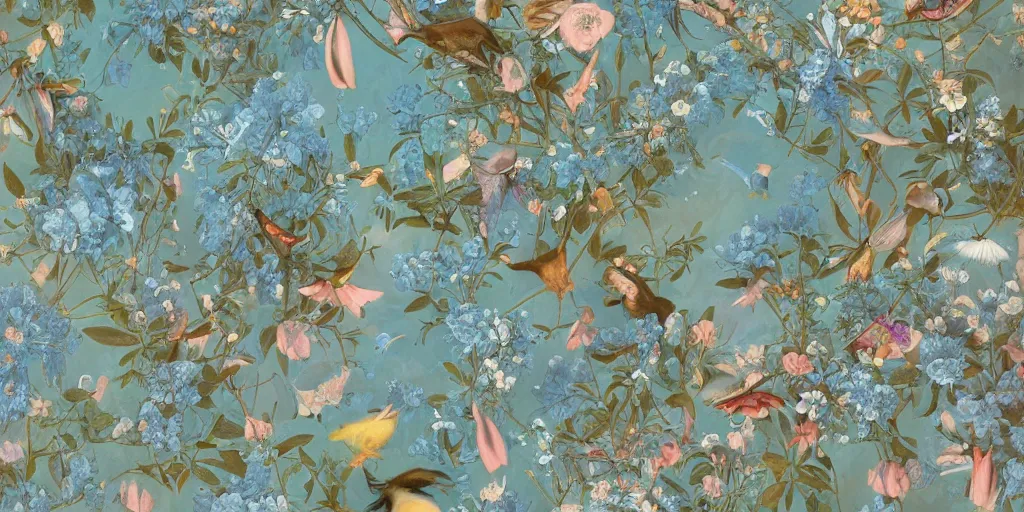 Prompt: breathtaking detailed concept art painting vintage illustration pattern of goddesses of light blue flowers with anxious piercing eyes and blend of flowers and fruits and birds, by hsiao - ron cheng and beto val and john james audubon, bizarre compositions, exquisite detail, extremely moody lighting, 8 k