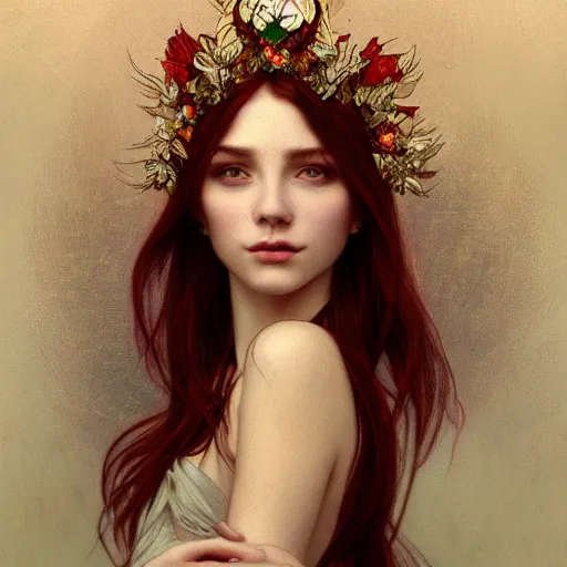 Image similar to portrait of very beautifull girl, thorn rose crown, thorn everywhere, headshot, pale skin, 4k, rule of thirds, extreme detail, detailed drawing, trending artstation, hd, fantasy, D&D, realistic lighting, by Alphonse Mucha, Greg Rutkowski, sharp focus, backlit, bright red hair, elegant