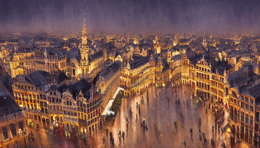 Image similar to grand place of brussels, rainy evening, people with umbrellas, hyperdetailed, artstation, cgsociety, 8 k