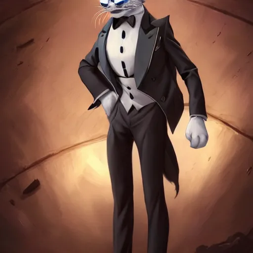 An anthropomorphic moai wearing a suit, digital art