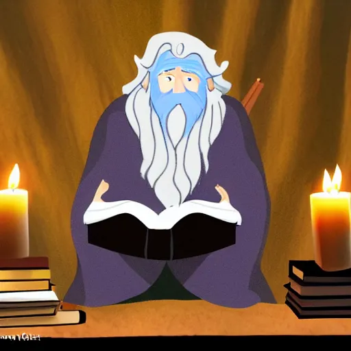 Prompt: Gandalf reading a tome by candle light in the style of JM Animation