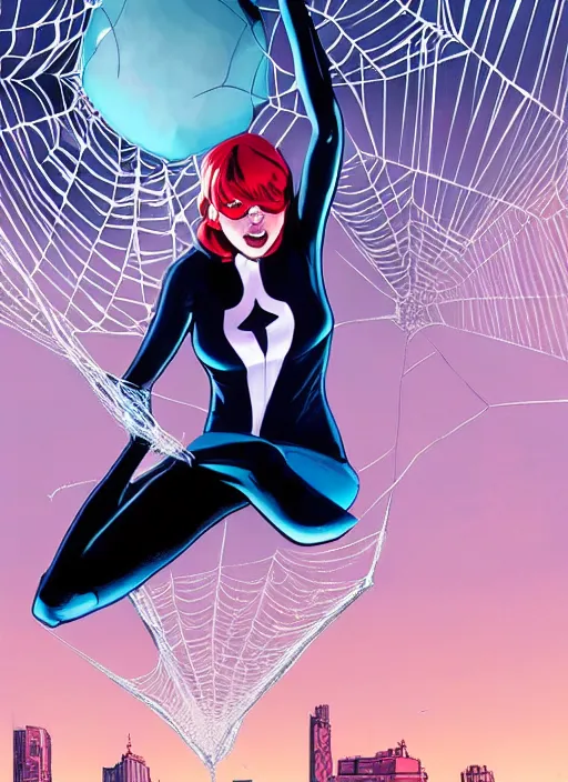 Prompt: Rafeal Albuquerque comic art, Joshua Middleton comic art, cinematics lighting, pretty female Emma Stone as Spider Gwen, Marvel comics, hanging from white web, playful smirk, symmetrical face, symmetrical eyes, full body, flying in the air, city in background