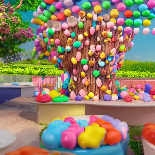 Prompt: ice cream world, candy tree, human pets, 3 d render, illustrated, incredible details, highly detailed, colorful, photorealistic, disney pixar, octane render, iridescent, anime, 8 k