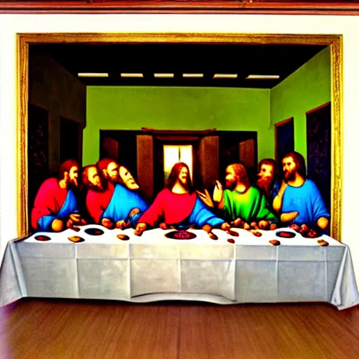 Image similar to a spray-paint graffiti art of The Last Supper by Da Vinci
