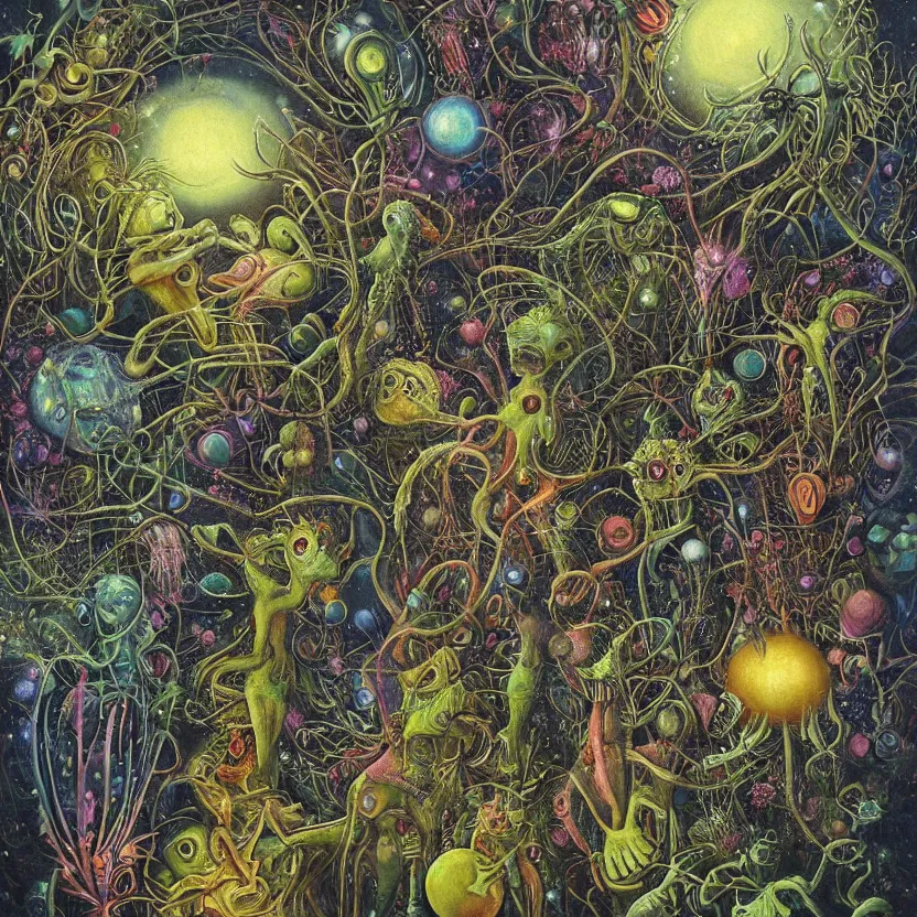 Prompt: painting of aliens in a garden at night by hannah yata and r. s. connett.