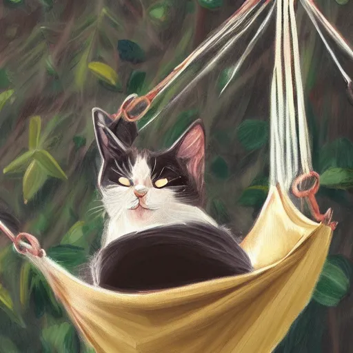 Prompt: a cat sleeping in a hammock, digital painting, ultradetailed, artstation, oil painting, ultradetailed, artstation