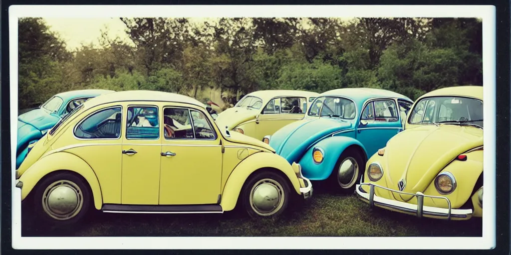 Image similar to polaroid photo of volkswagen beetles, vintage colors, slight color bleed