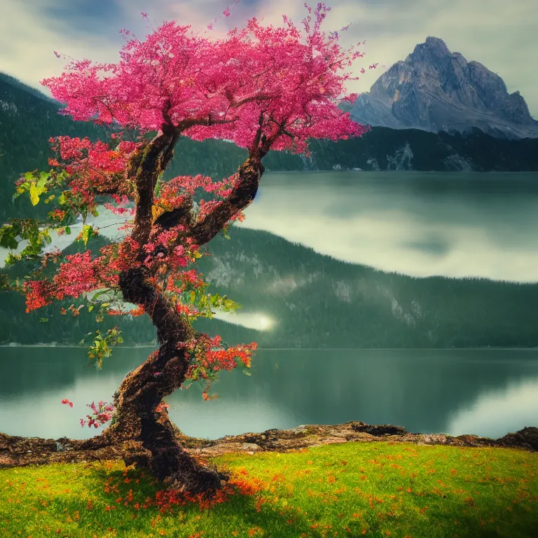 Prompt: a beautiful awesome artistic tree in the summer and sunny day, with falling flowers like leaves and many birds, all in the amazing outdoors view, mountain in the background, lake, long exposure, 8 k resolution, trending on artstation