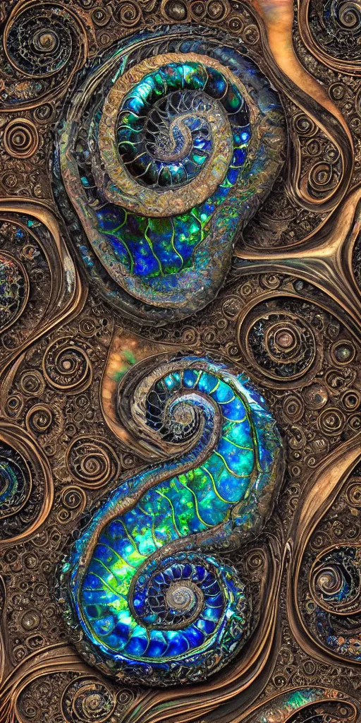 Image similar to art nouveau cresting oil slick waves, ammonite, hyperdetailed bubbles in a shiny iridescent oil slick wave, black opals, ornate copper patina spiral ornament, rococo, organic rippling spirals, hyperdetailed photorealistic ultrasharp octane render