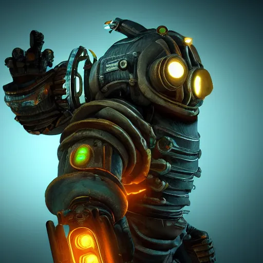 Image similar to isaac clarke as a bioshock big daddy, unreal engine 5, bioshock deadspace, high detail 3 d render, trending on artstation